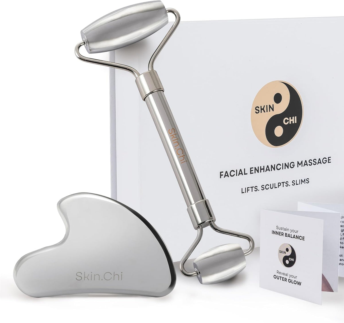 Skin Chi Stainless Steel Roller & Gua Sha Set - detail close-up
