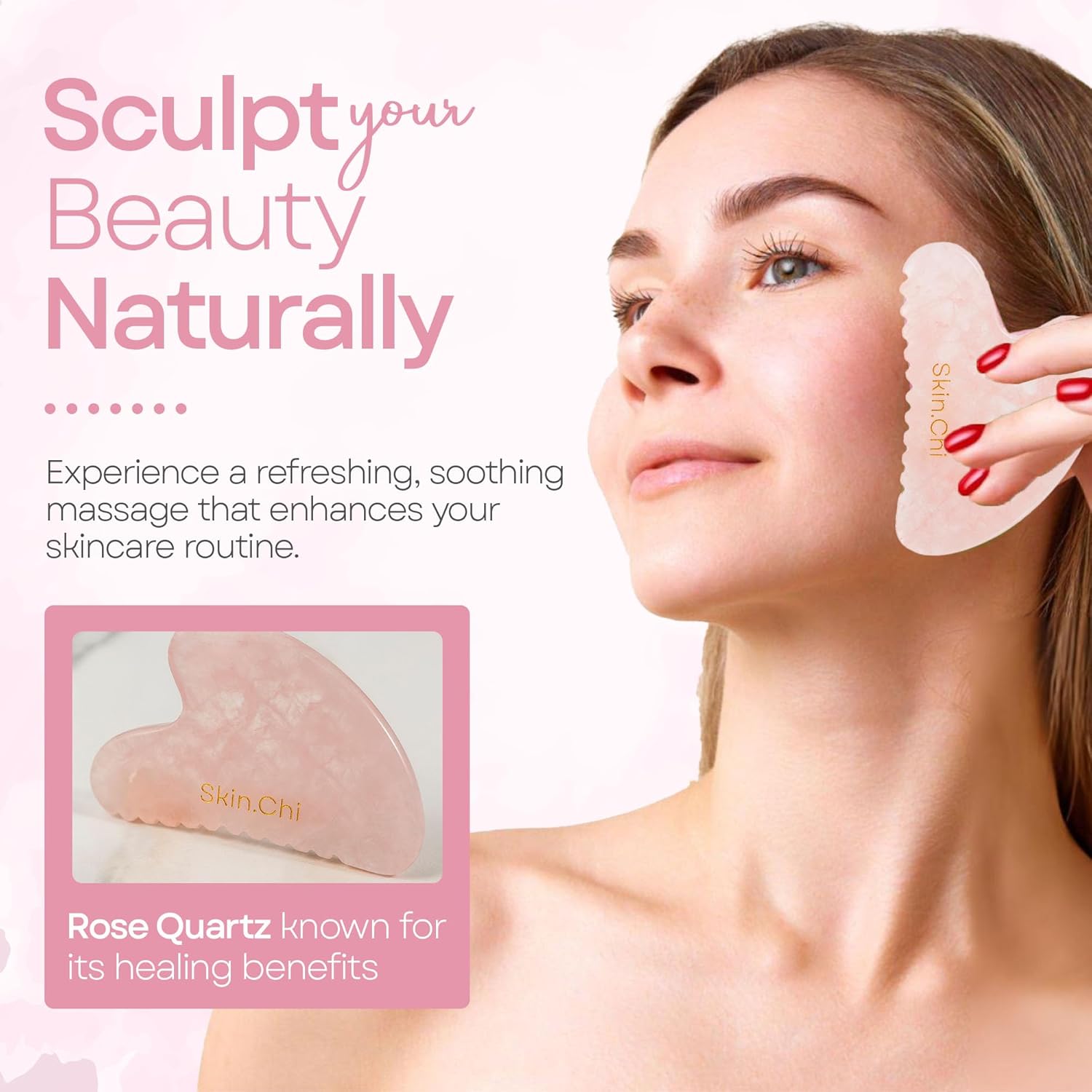Skin Chi Rose Quartz Comb Edge Gua Sha - jawline technique