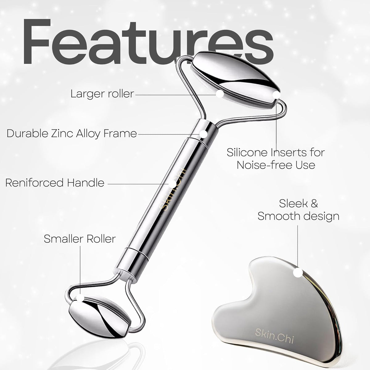 Skin Chi Stainless Steel Roller & Gua Sha Set - jawline technique