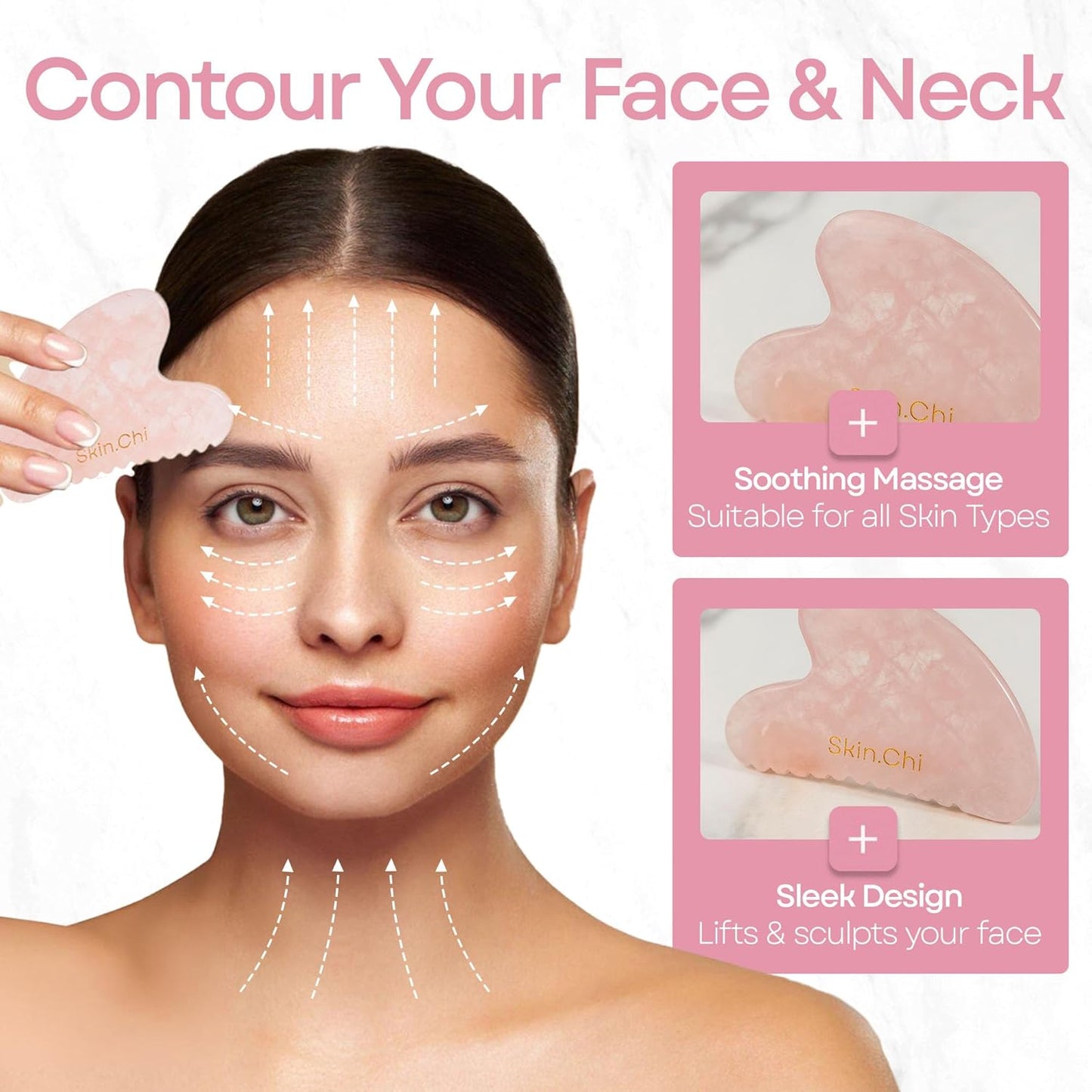 Skin Chi Rose Quartz Comb Edge Gua Sha - in-use on cheek