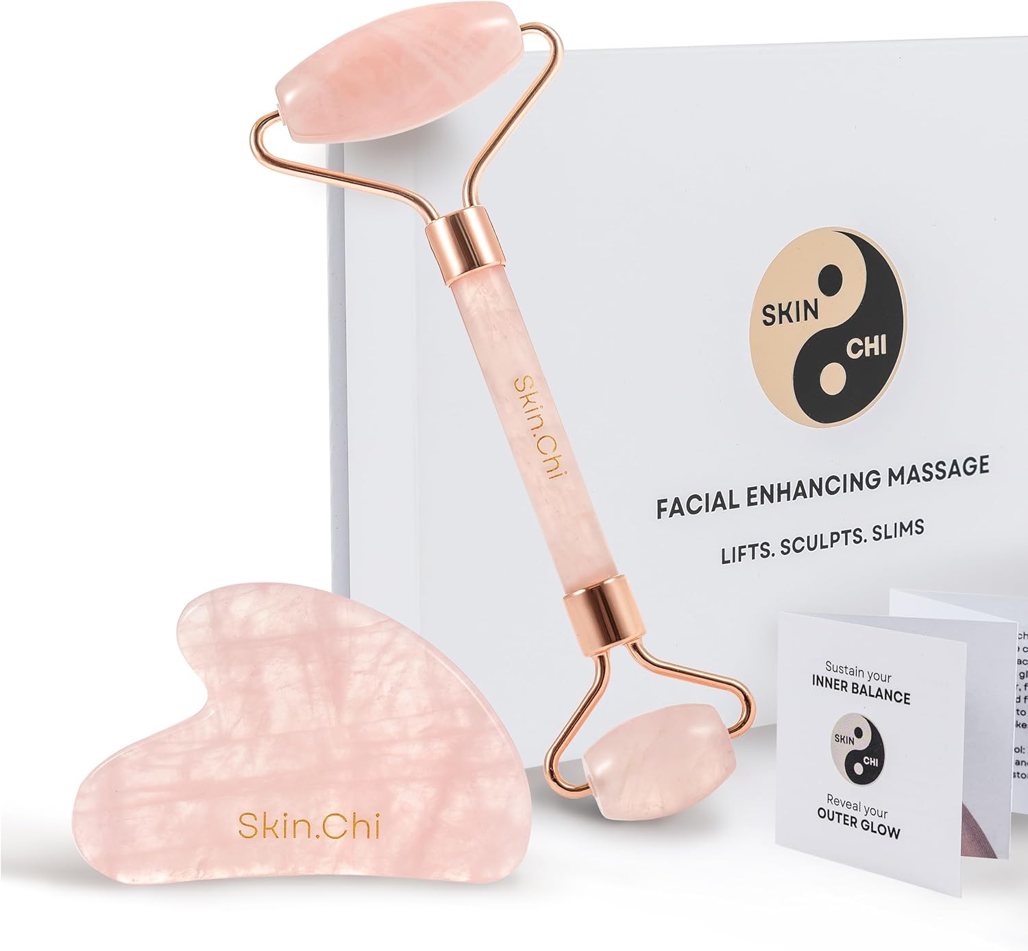 Skin Chi Rose Quartz Roller & Gua Sha Set - stone detail