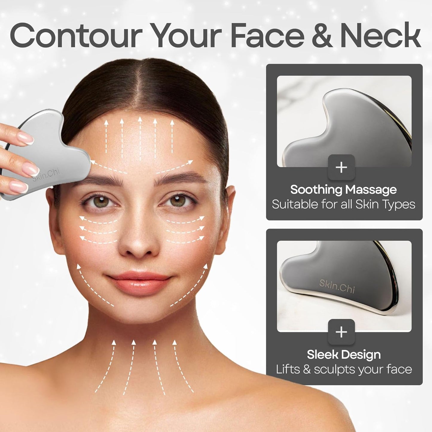 Skin Chi Stainless Steel Gua Sha - in-use on cheek