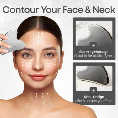 Skin Chi Stainless Steel Gua Sha - in-use on cheek