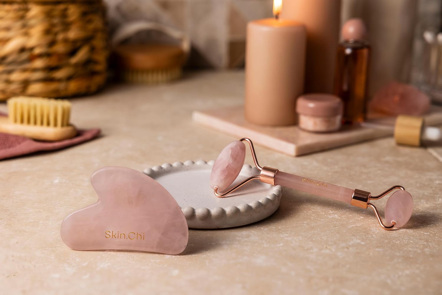Skin Chi Rose Quartz Roller & Gua Sha Set - how to use guide