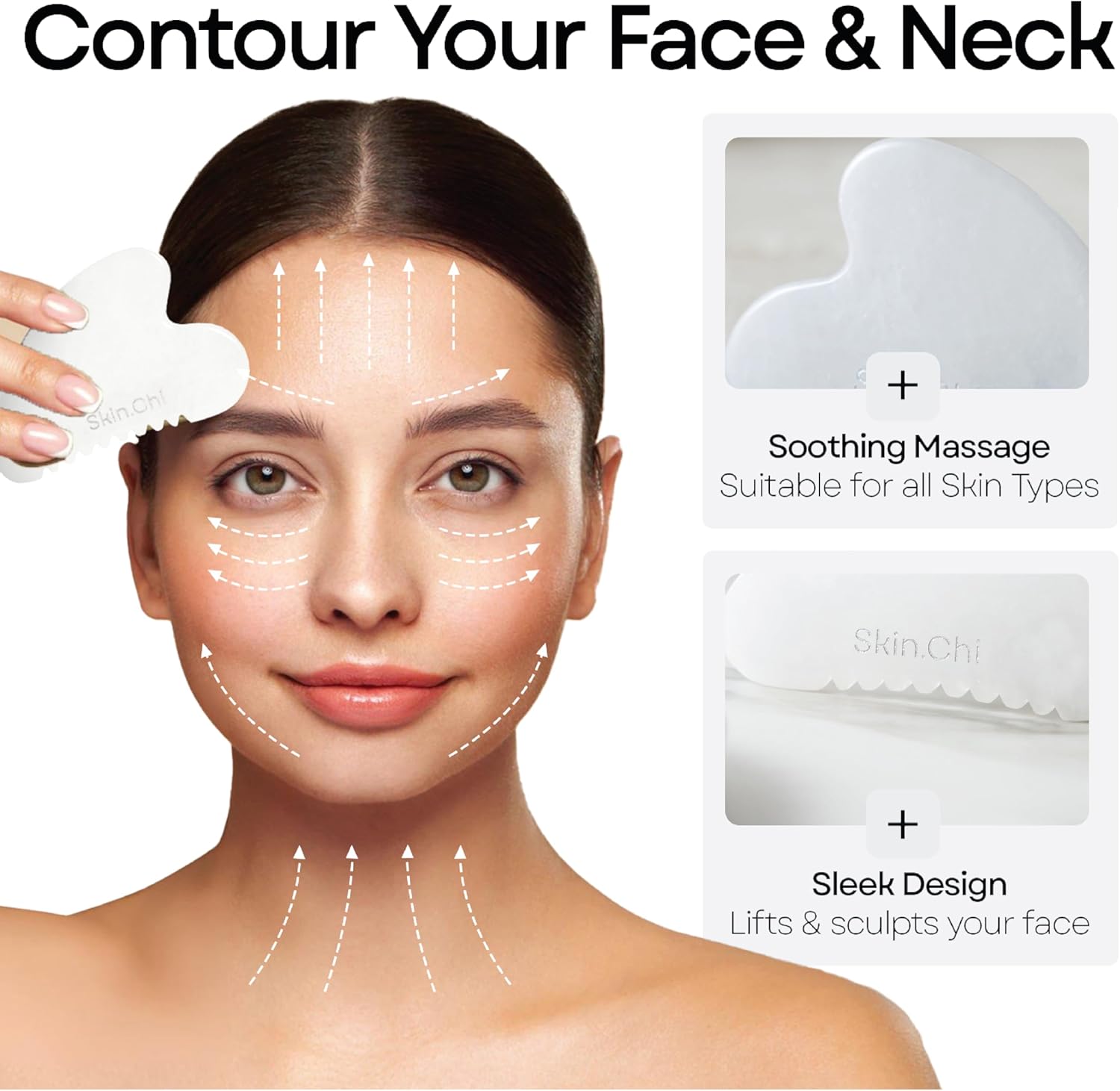 Skin Chi White Jade Comb Edge Gua Sha - in-use on cheek