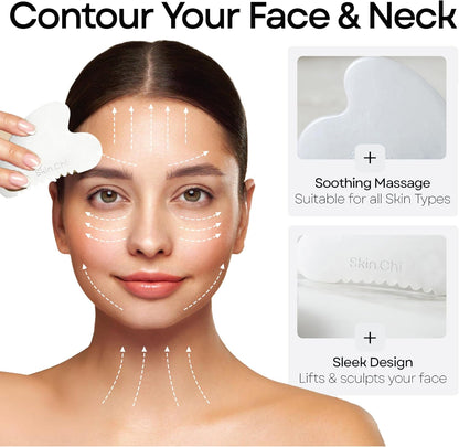 Skin Chi White Jade Comb Edge Gua Sha - in-use on cheek