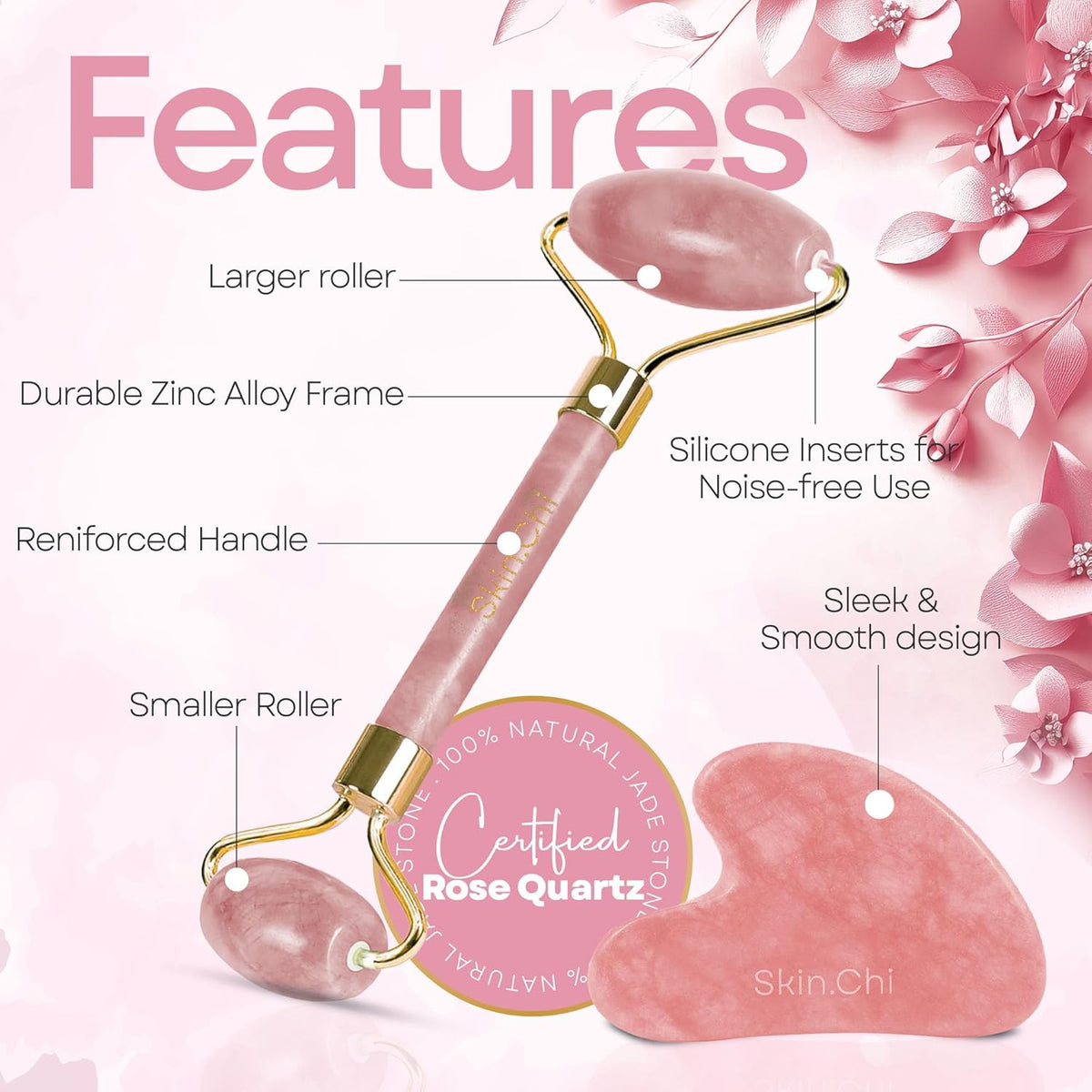 Skin Chi Rose Quartz Roller & Gua Sha Set - gua sha in-use