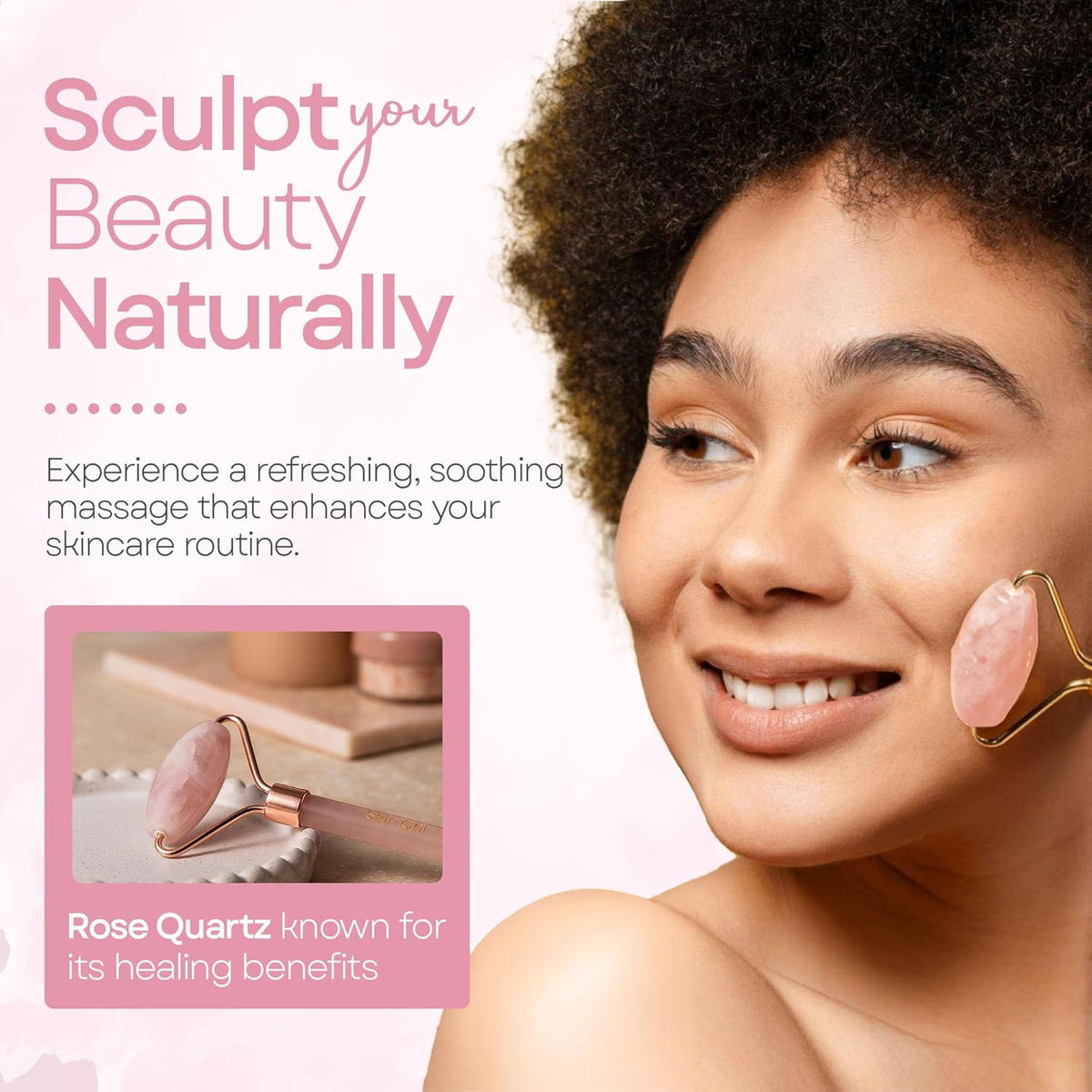 Skin Chi Rose Quartz Facial Roller - in-use on cheek