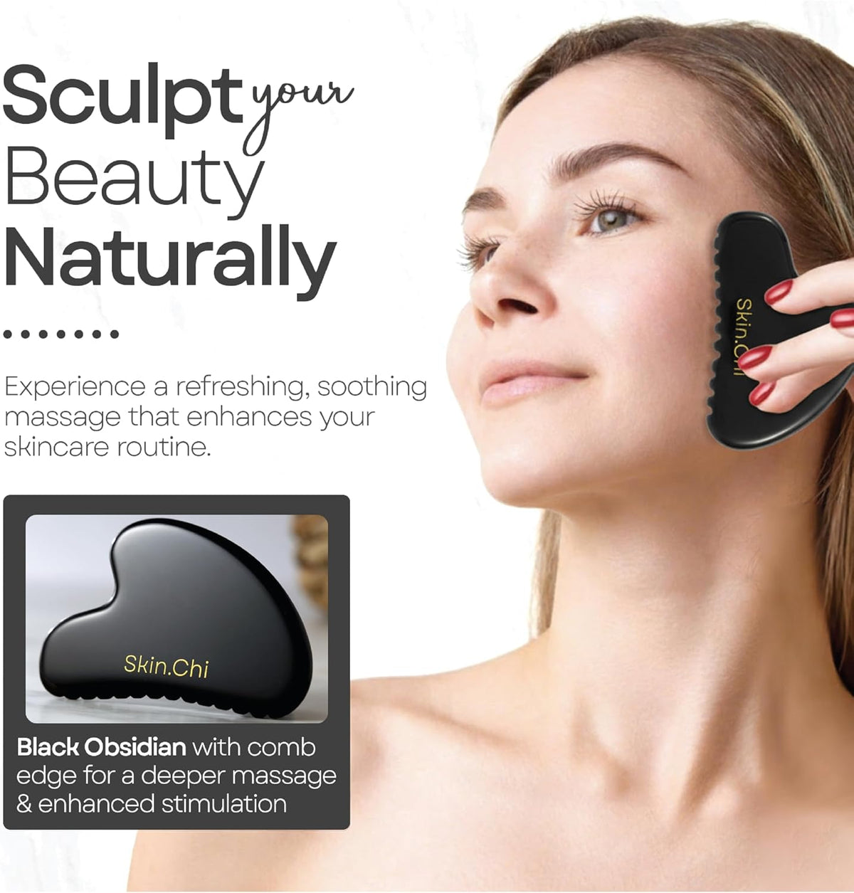 Skin Chi Black Obsidian Comb Edge Gua Sha - in use
