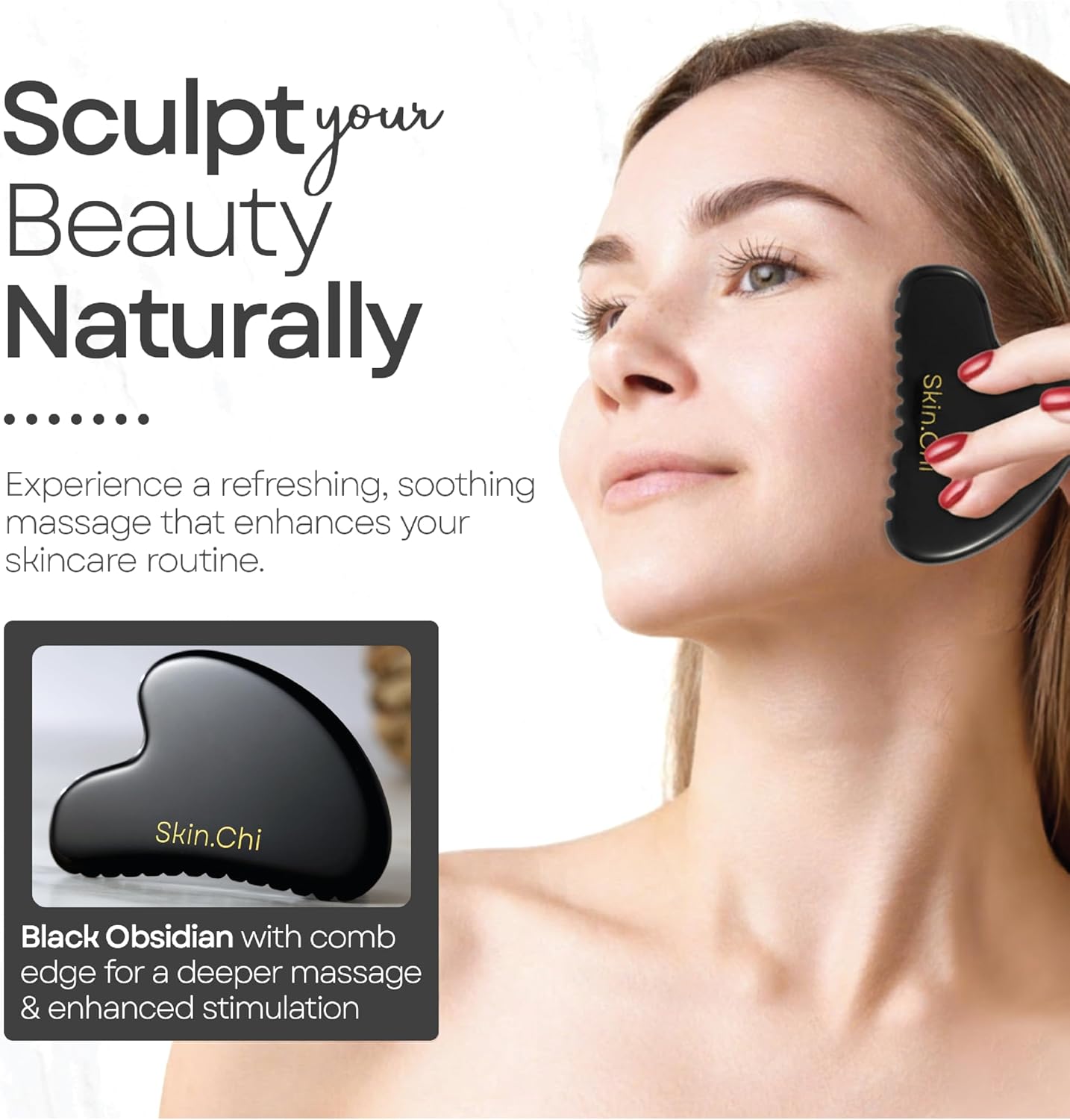 Skin Chi Black Obsidian Comb Edge Gua Sha - in use