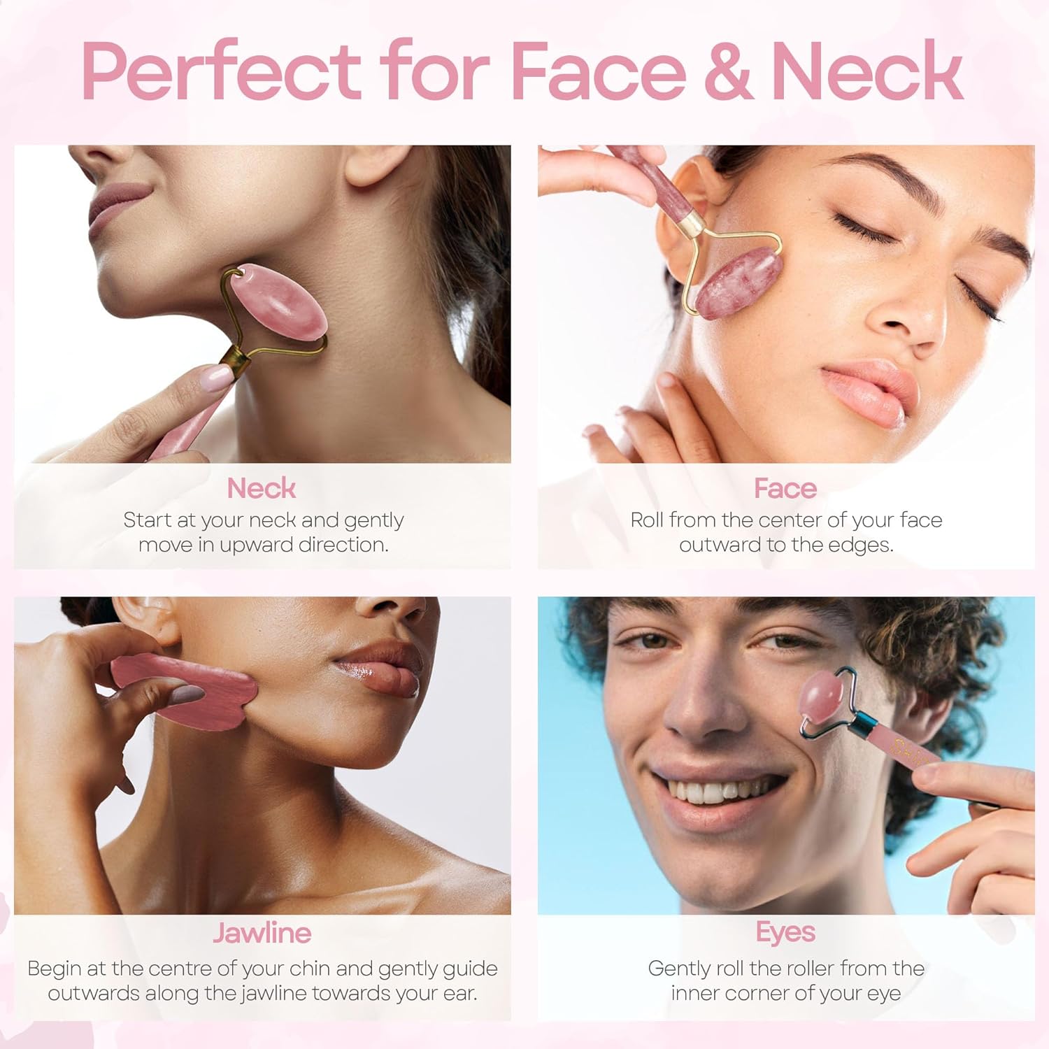 Skin Chi Rose Quartz Roller & Gua Sha Set - jawline technique