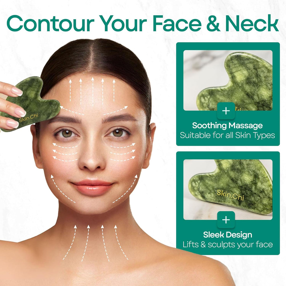 Skin Chi Green Jade Gua Sha - in-use on cheek