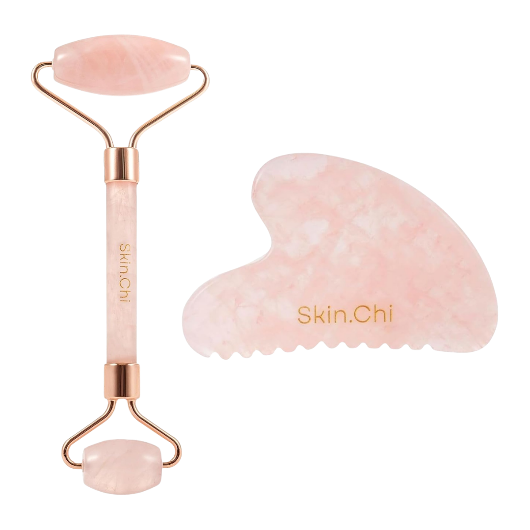 Skin Chi Rose Quartz Comb Edge Gua Sha & Roller Set
