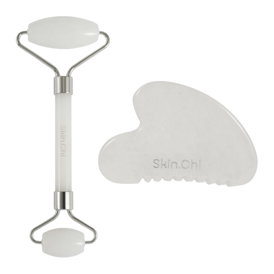 Skin Chi White Jade Comb Edge Gua Sha & Roller Set